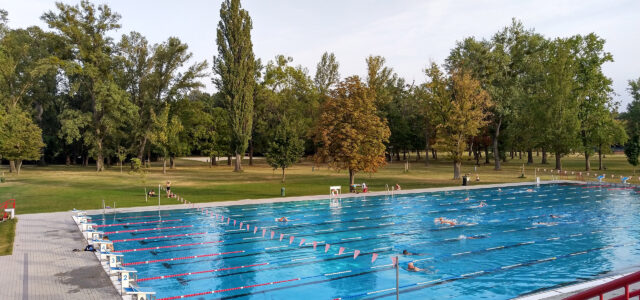 Stadionbad in Vienna, Summer 2022. Sports pool with large green space in the background.